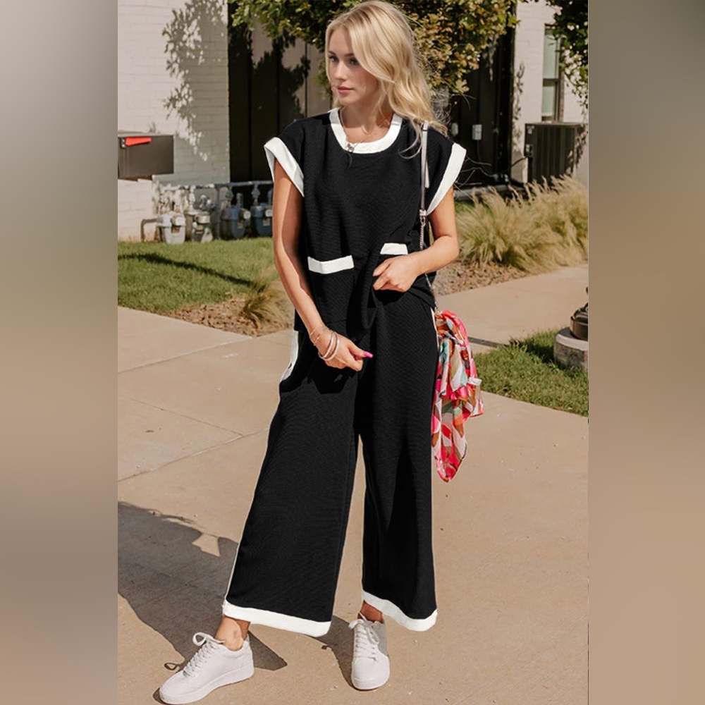 Oh Textured Contrast Trim Round Neck Cap Sleeve Top and Pants Set
